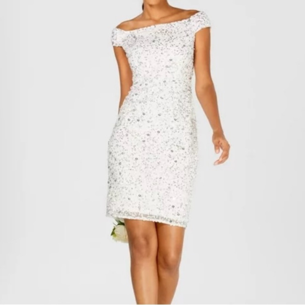 ADRIANNA PAPELL SEQUINED ZIPPERED CAP SLEEVE OFF SHOULDER SHEATH DRESS - 10